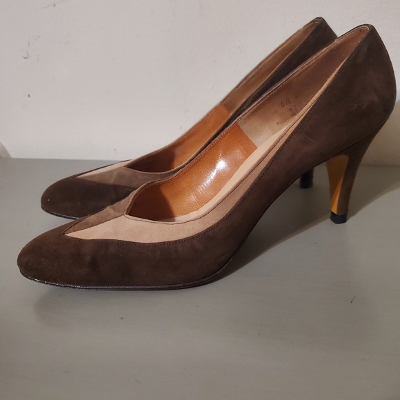 DeLiso Shoes - Vintage Brown Suede Colorblock Heels Size 6.5 1960s